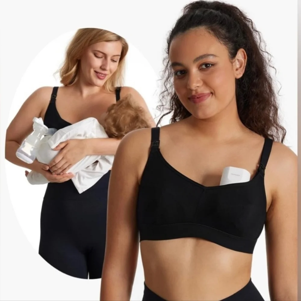 Momcozy Bamboo Hands-Free Nursing & Pumping Bra Black Size 2XL V-neck Maternity